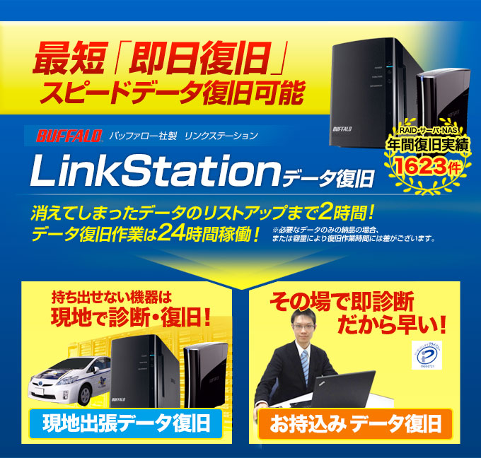 リプラスウイングならBUFFALO Terastation テラステーション Linkstation リンクステーションが診断2時間、24時間データ復旧対応、最短即日のスピードデータ復旧が可能です。